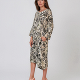 Rochie cu print oriental și buzunare negru PR908