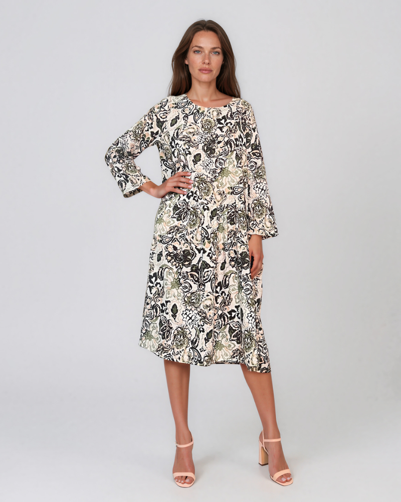 Rochie cu print oriental și buzunare negru PR908