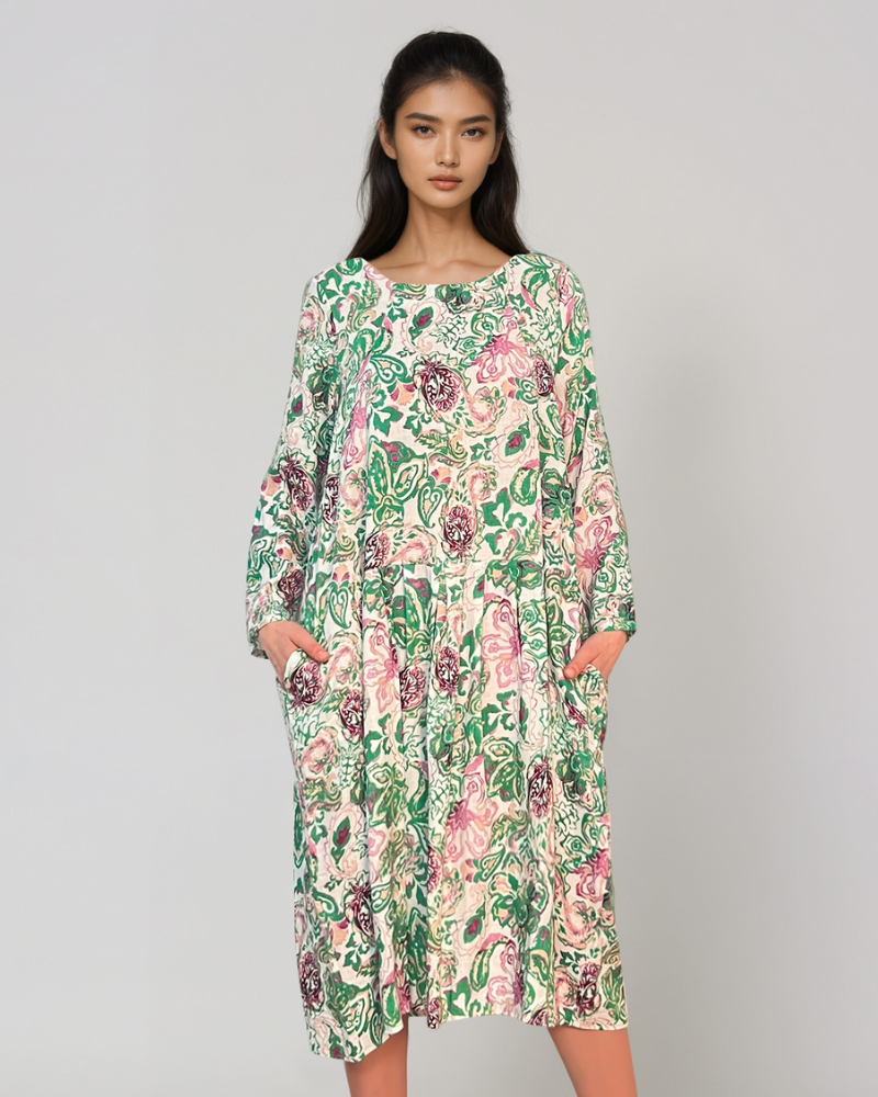 Rochie cu print oriental și buzunare verde PR908