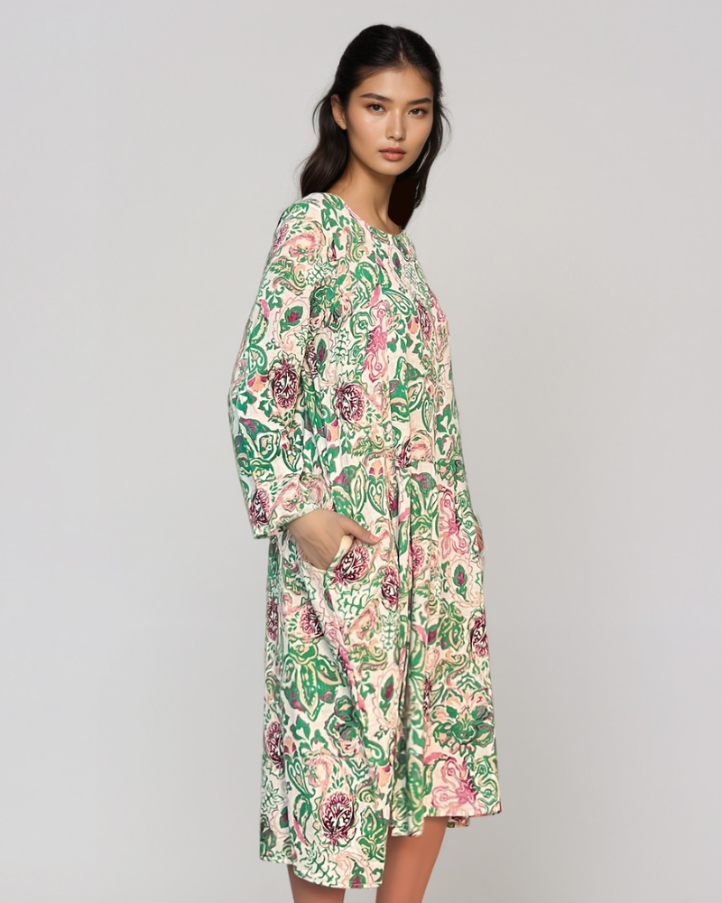Rochie cu print oriental și buzunare verde PR908