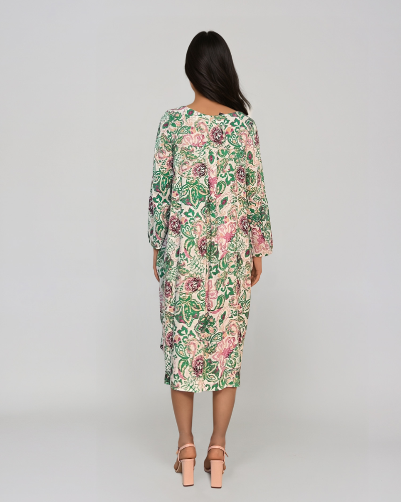 Rochie cu print oriental și buzunare verde PR908