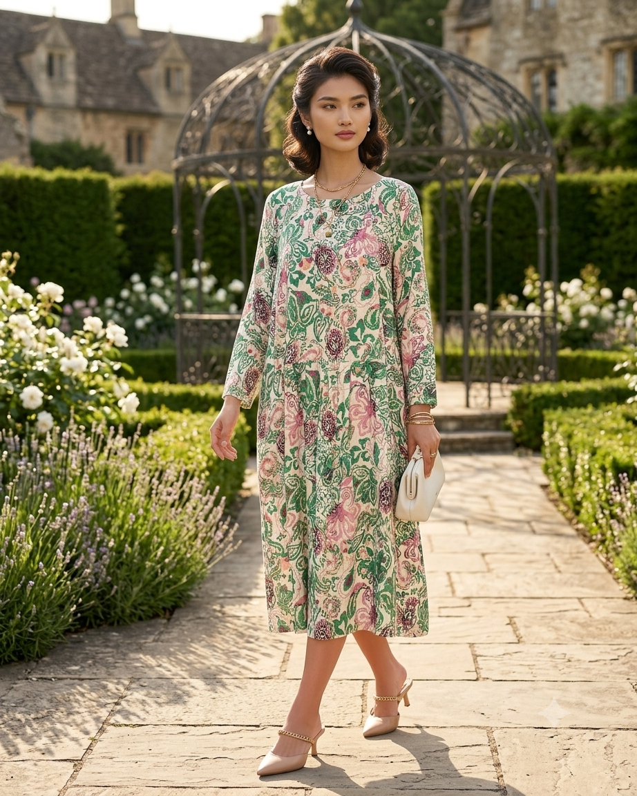 Rochie cu print oriental și buzunare verde PR908