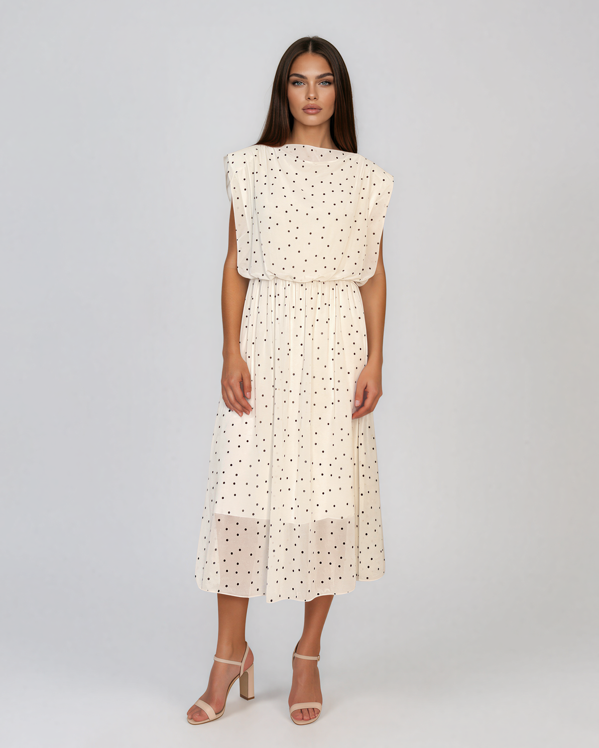 Rochie cu umeri înalți și buline mici alb HL129