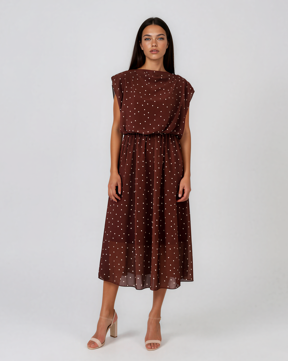 Rochie cu umeri înalți și buline mici maro HL129