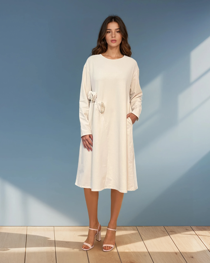 Rochie din bumbac cu flori aplicate și buzunare crem 