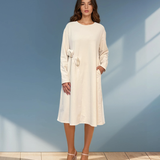 Rochie din bumbac cu flori aplicate și buzunare crem 