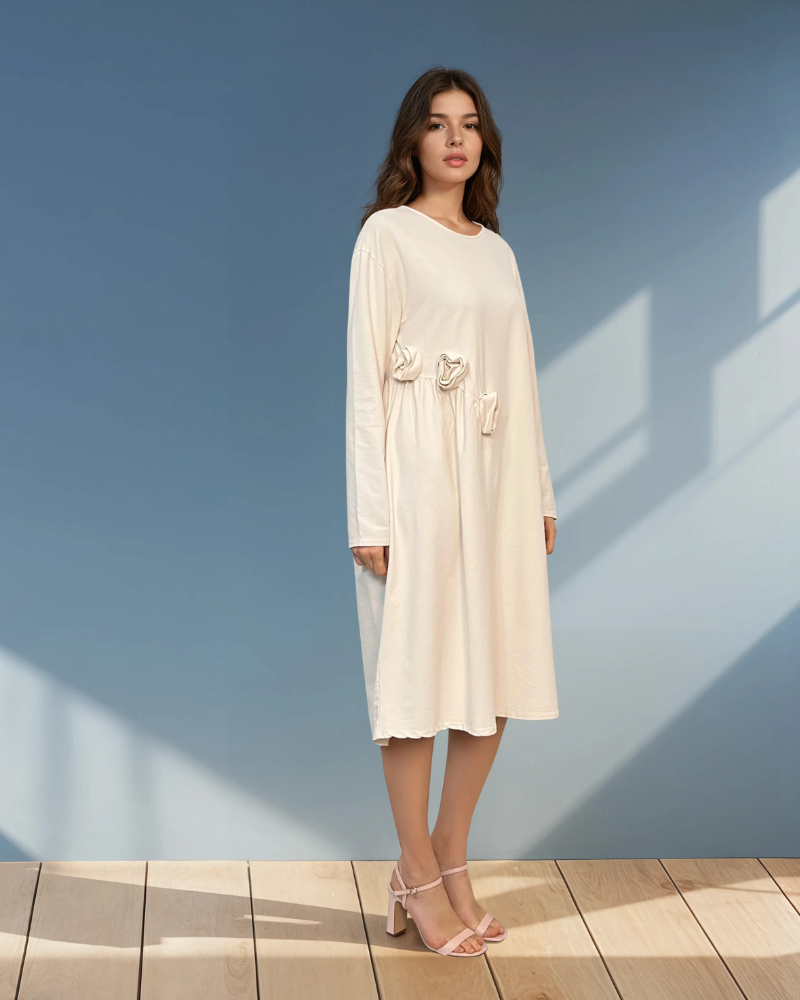Rochie din bumbac cu flori aplicate și buzunare crem 