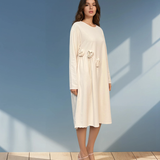 Rochie din bumbac cu flori aplicate și buzunare crem 