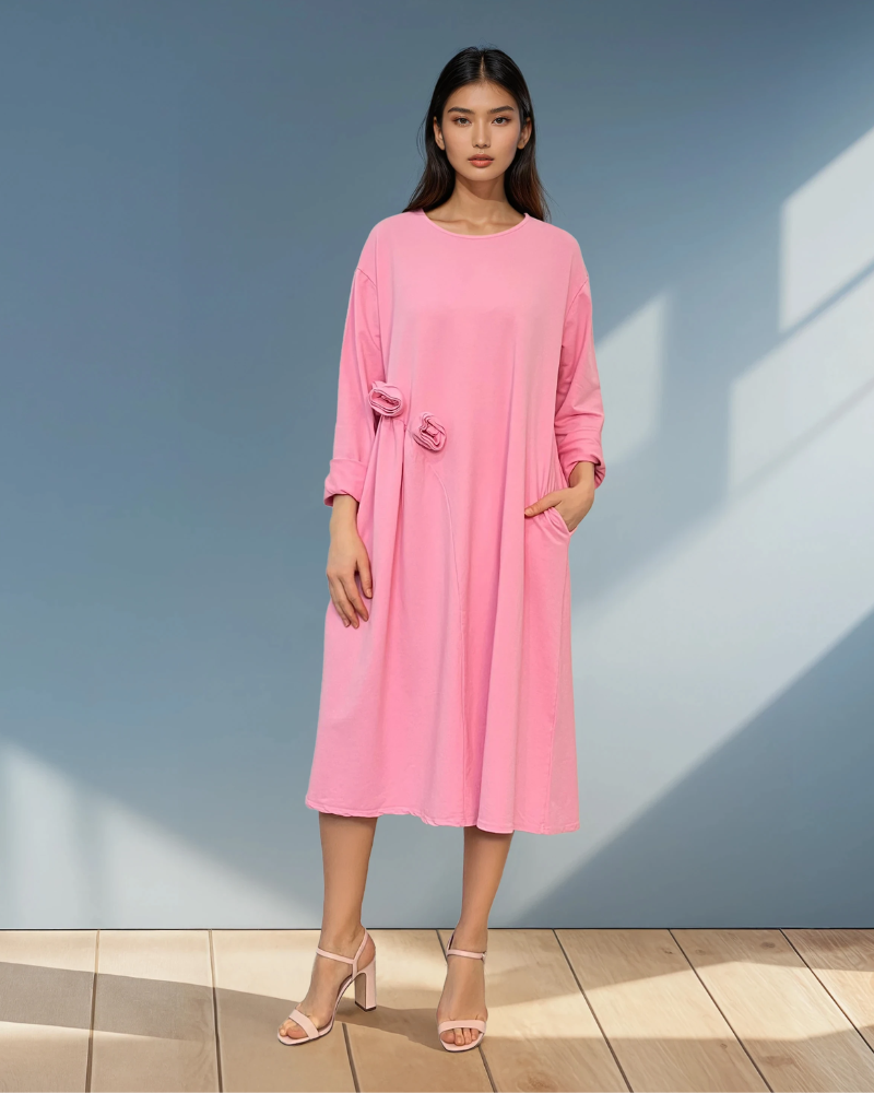 Rochie din bumbac cu flori aplicate și buzunare roz 