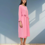 Rochie din bumbac cu flori aplicate și buzunare roz 