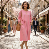 Rochie din bumbac cu flori aplicate și buzunare roz 