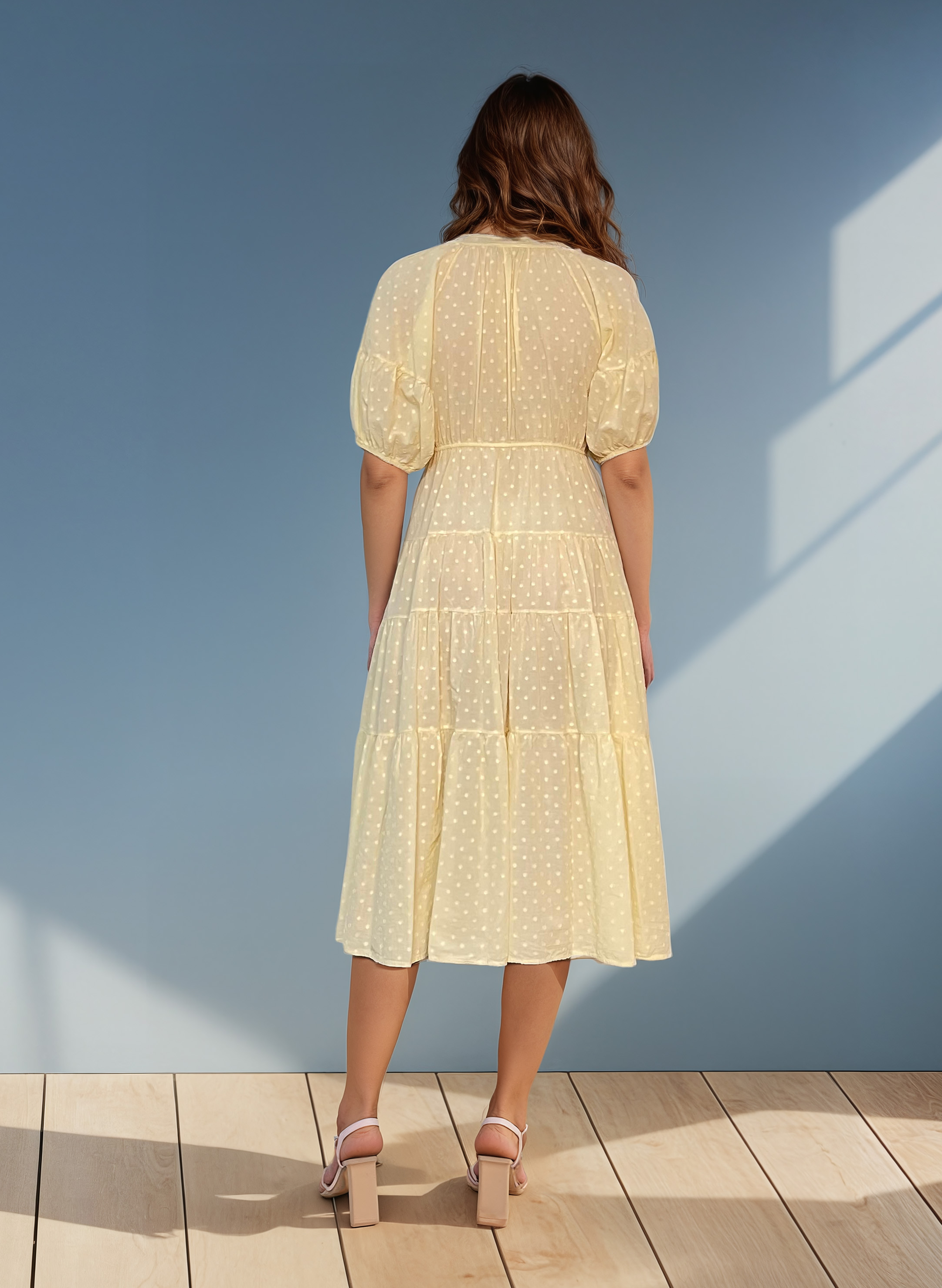 Rochie din bumbac subțire cu polka dots galben PR868