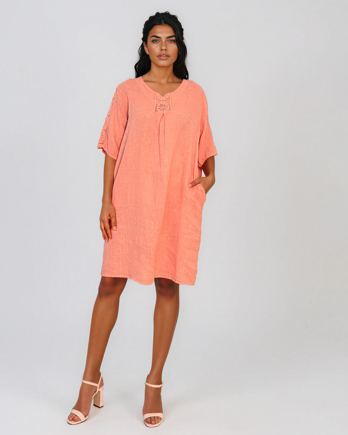 Rochie din in cu broderie la mâneci și decolteu somon PR988