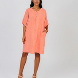 Rochie din in cu broderie la mâneci și decolteu somon PR988