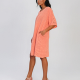 Rochie din in cu broderie la mâneci și decolteu somon PR988