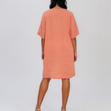 Rochie din in cu broderie la mâneci și decolteu somon PR988