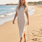 Rochie din in cu dantelă la umeri beige PR989