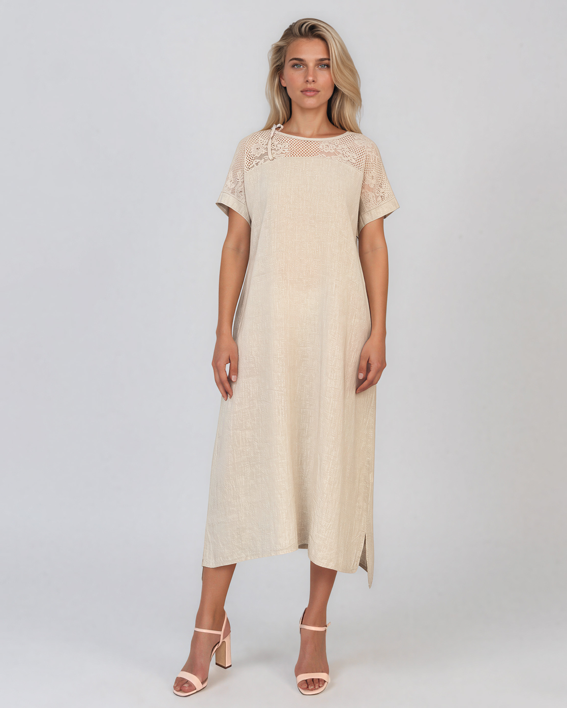 Rochie din in cu dantelă la umeri beige PR989
