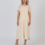 Rochie din in cu dantelă la umeri beige PR989