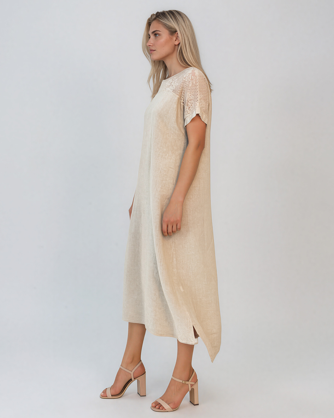 Rochie din in cu dantelă la umeri beige PR989
