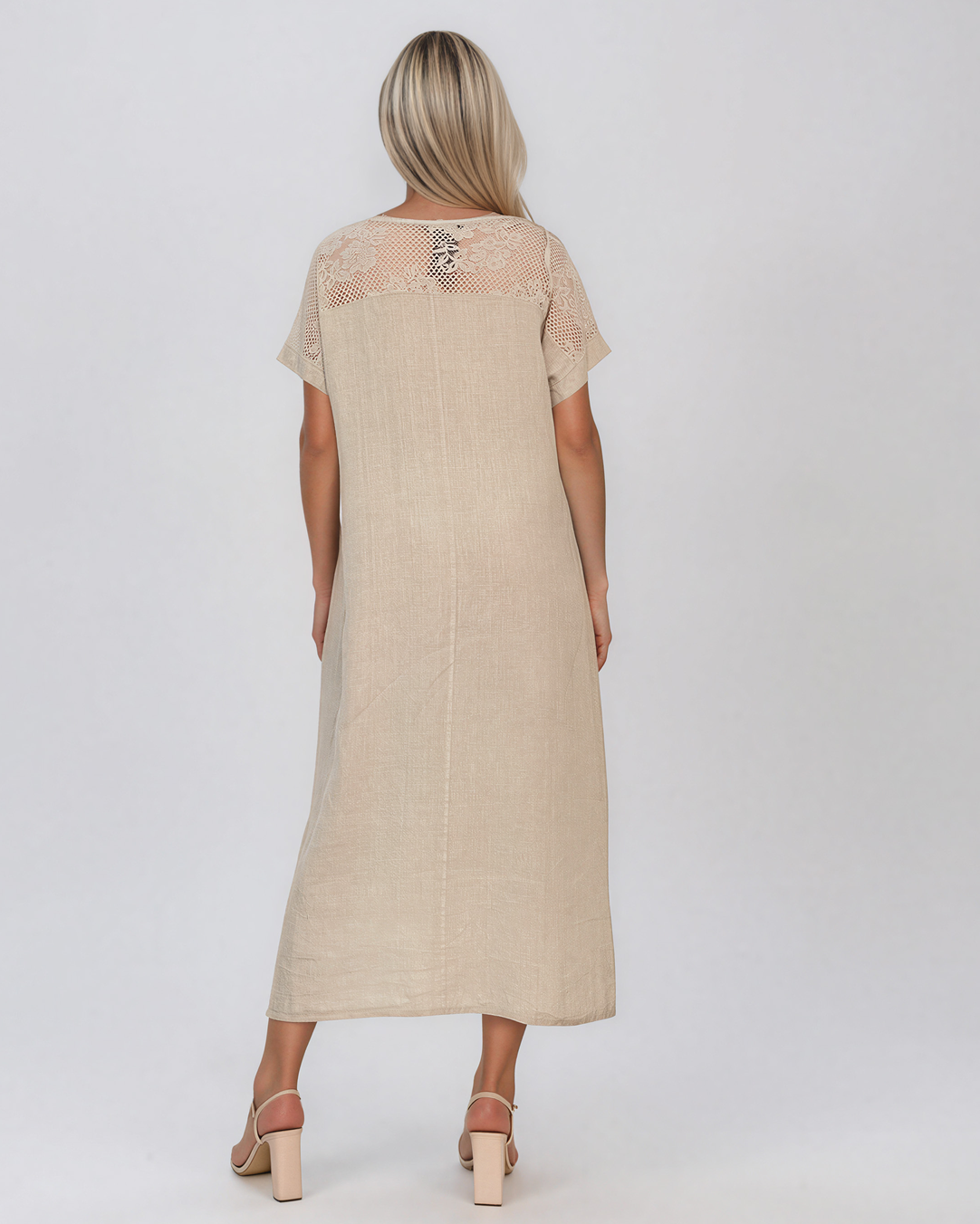 Rochie din in cu dantelă la umeri beige PR989