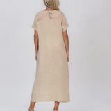 Rochie din in cu dantelă la umeri beige PR989