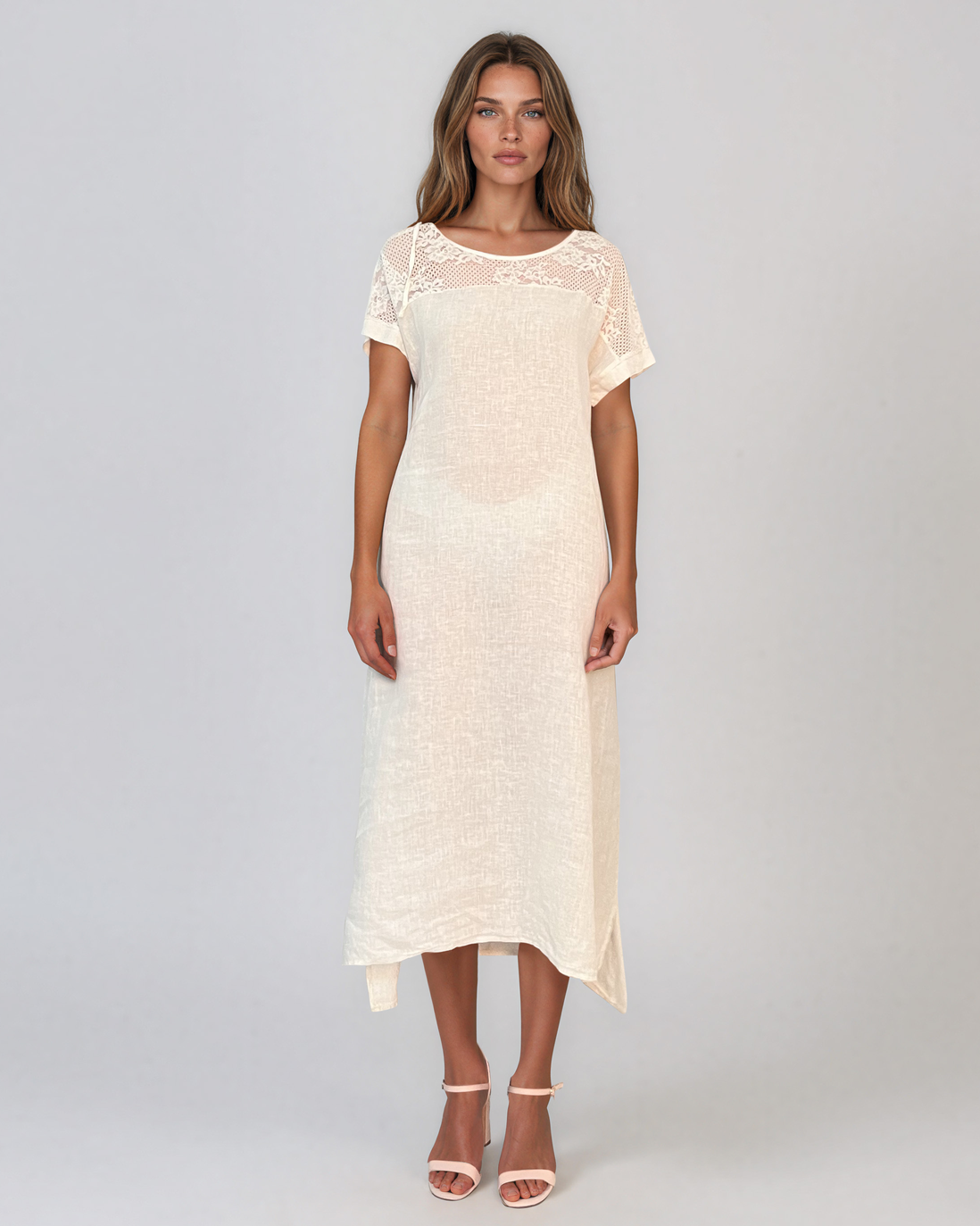 Rochie din in cu dantelă la umeri crem PR989