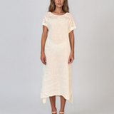 Rochie din in cu dantelă la umeri crem PR989