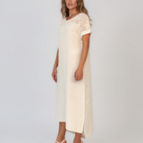 Rochie din in cu dantelă la umeri crem PR989