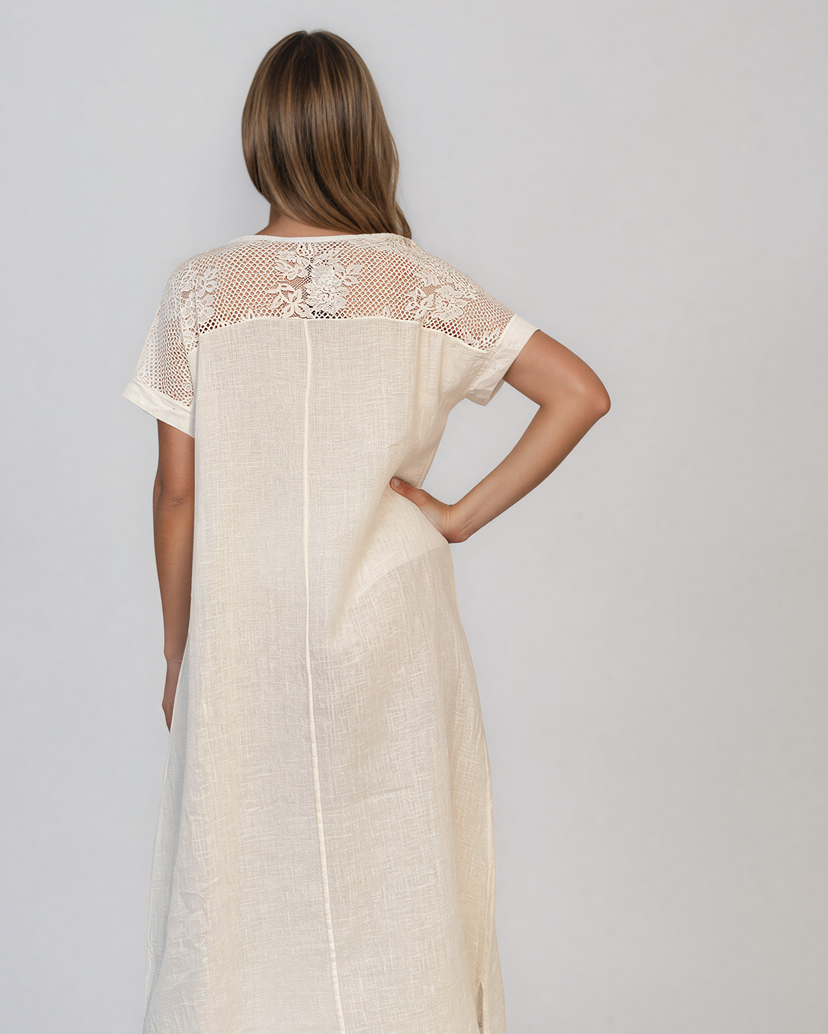 Rochie din in cu dantelă la umeri crem PR989