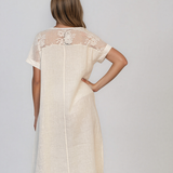 Rochie din in cu dantelă la umeri crem PR989