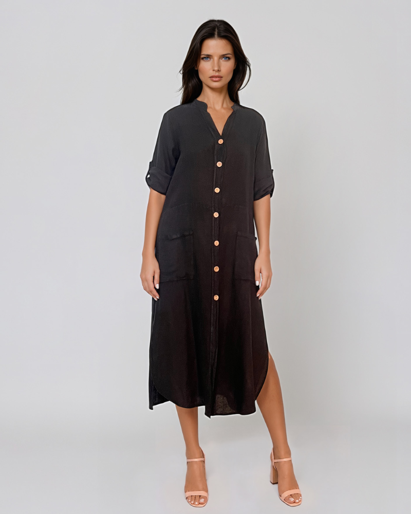 Rochie din in cu nasturi și buzunare negru PR934