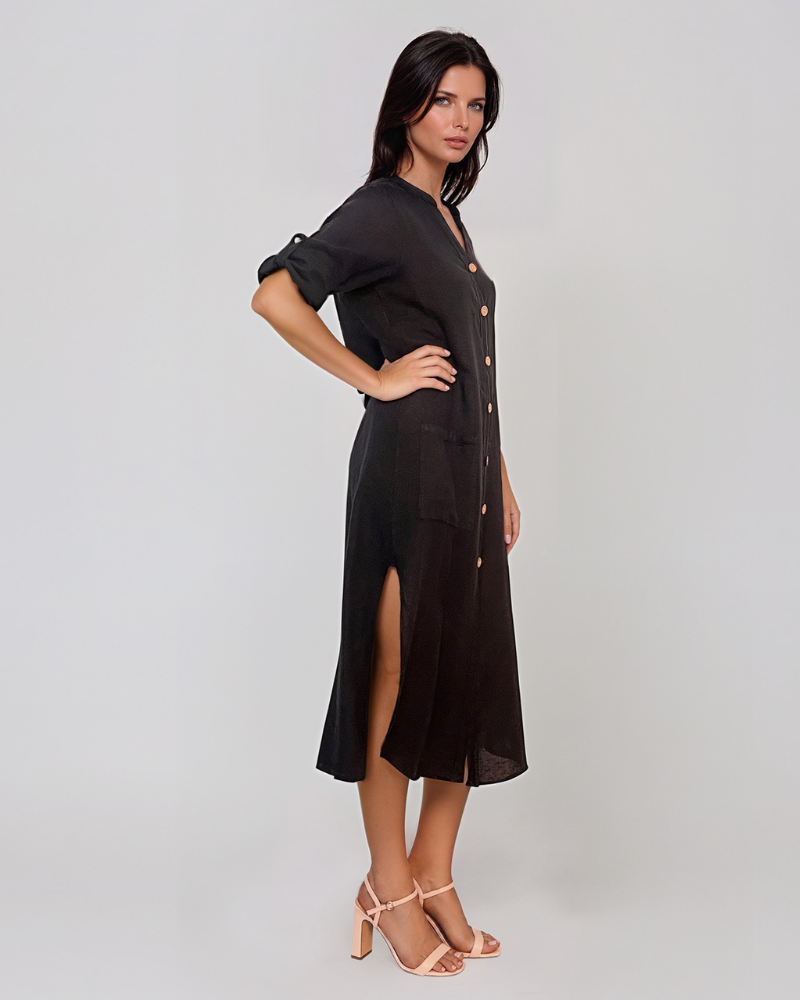 Rochie din in cu nasturi și buzunare negru PR934