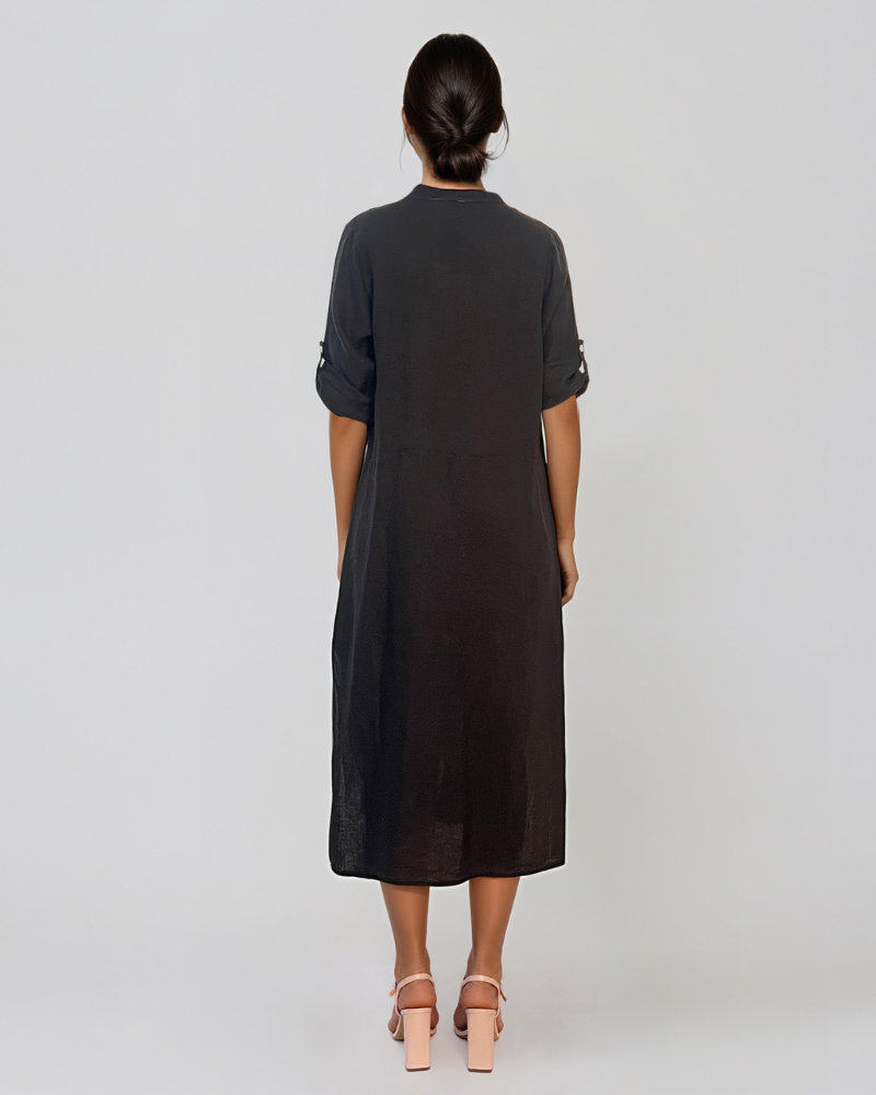 Rochie din in cu nasturi și buzunare negru PR934