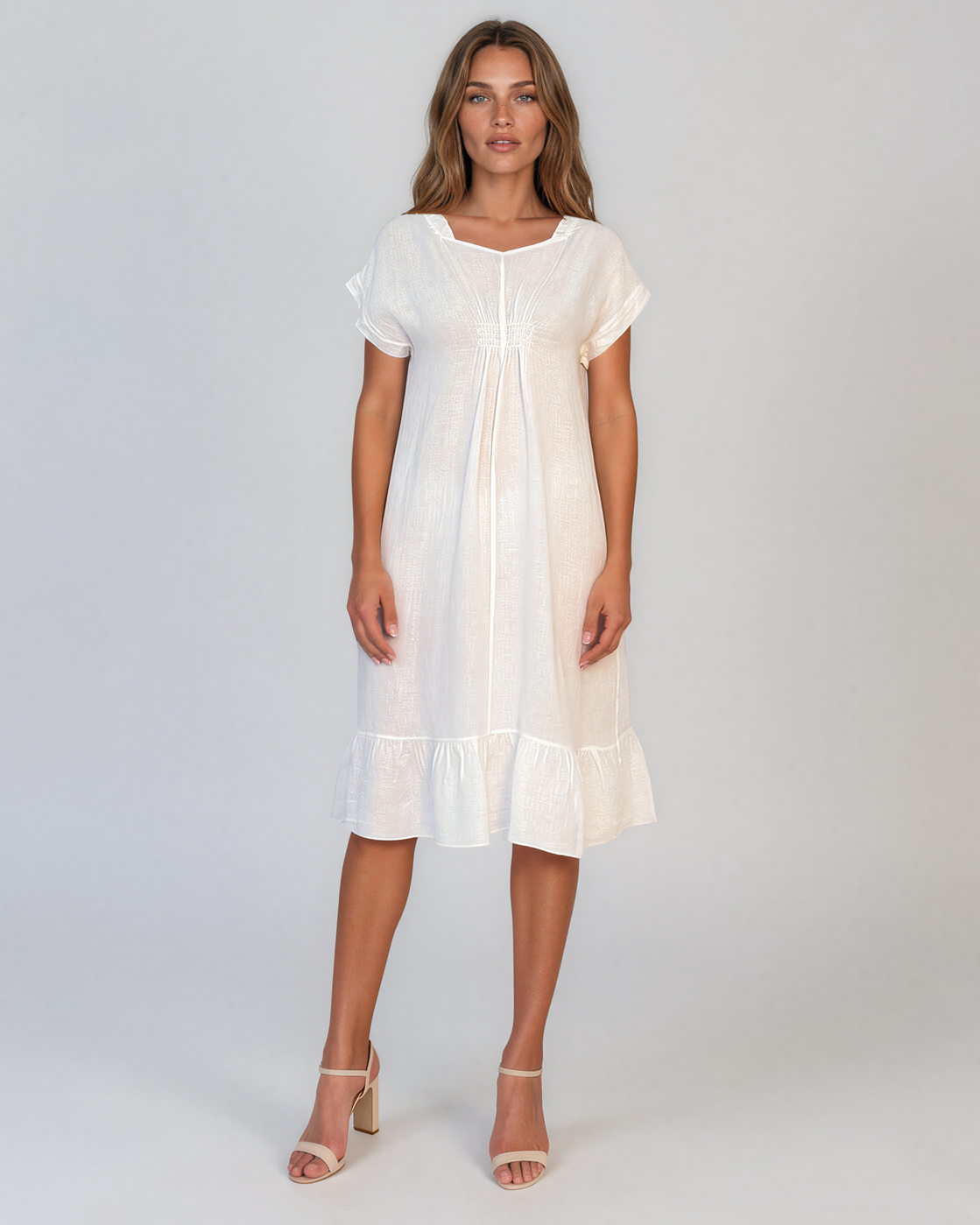 Rochie din in cu pliu și elastic alb PR985