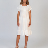 Rochie din in cu pliu și elastic alb PR985