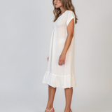 Rochie din in cu pliu și elastic alb PR985