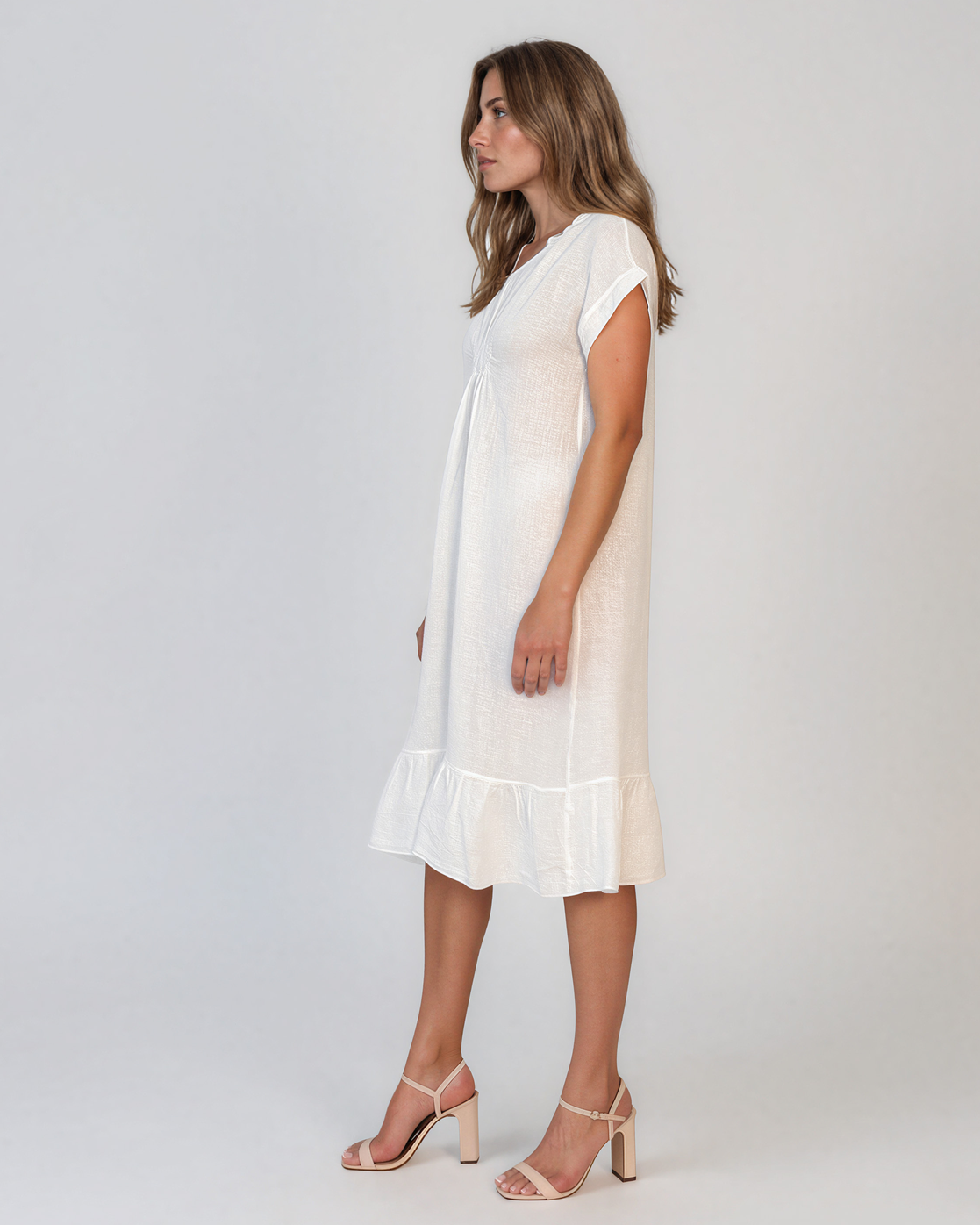 Rochie din in cu pliu și elastic alb PR985