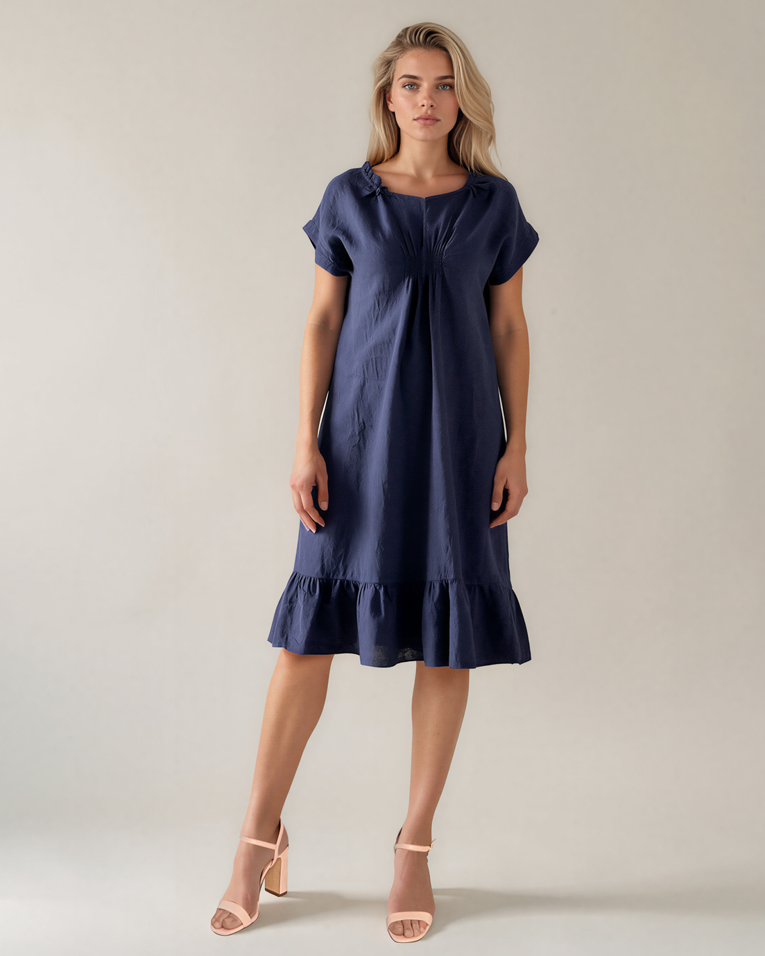 Rochie din in cu pliu și elastic bleumarin PR985
