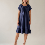 Rochie din in cu pliu și elastic bleumarin PR985