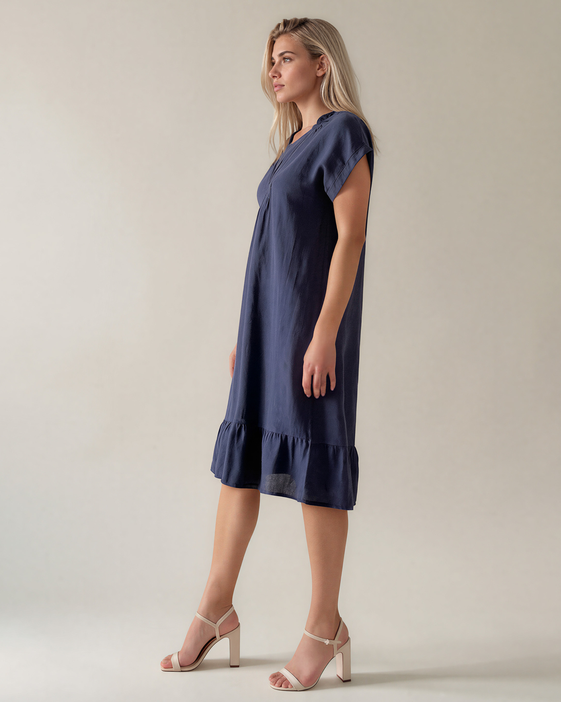 Rochie din in cu pliu și elastic bleumarin PR985