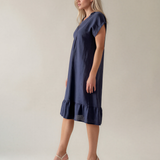 Rochie din in cu pliu și elastic bleumarin PR985