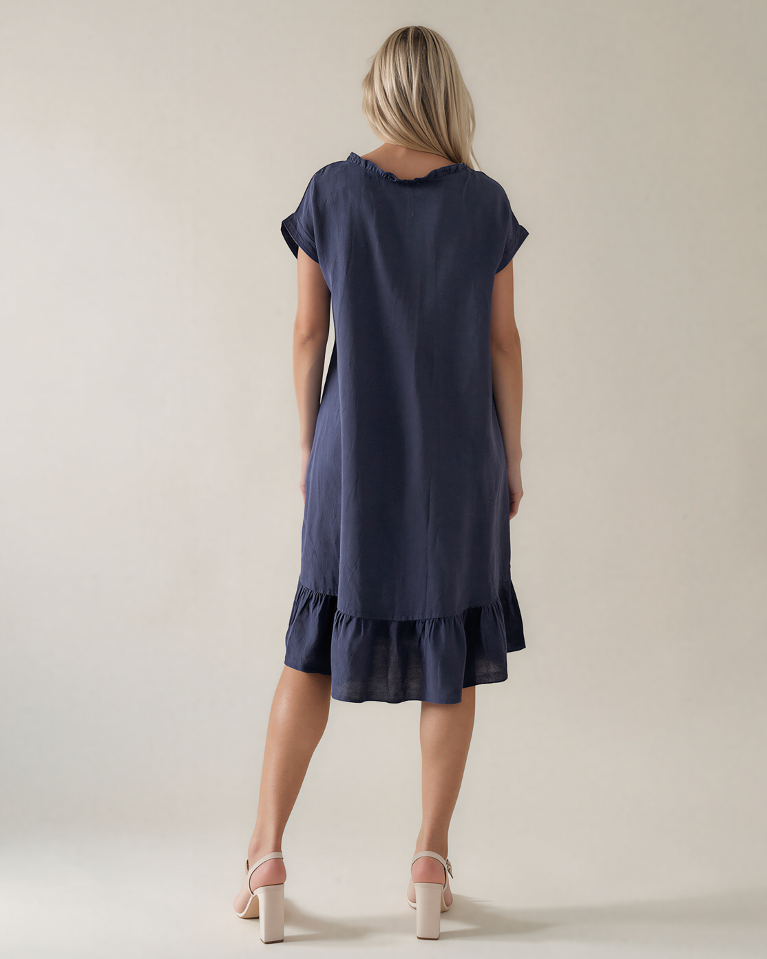 Rochie din in cu pliu și elastic bleumarin PR985