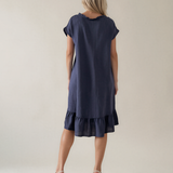 Rochie din in cu pliu și elastic bleumarin PR985
