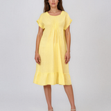 Rochie din in cu pliu și elastic galben PR985