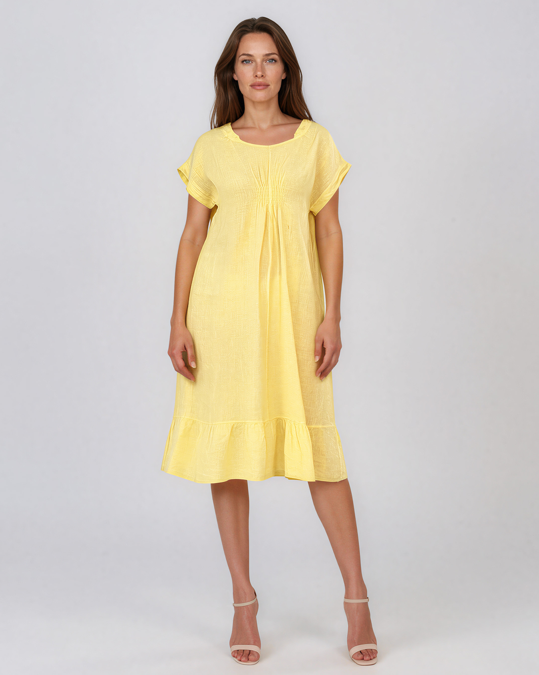 Rochie din in cu pliu și elastic galben PR985
