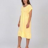 Rochie din in cu pliu și elastic galben PR985