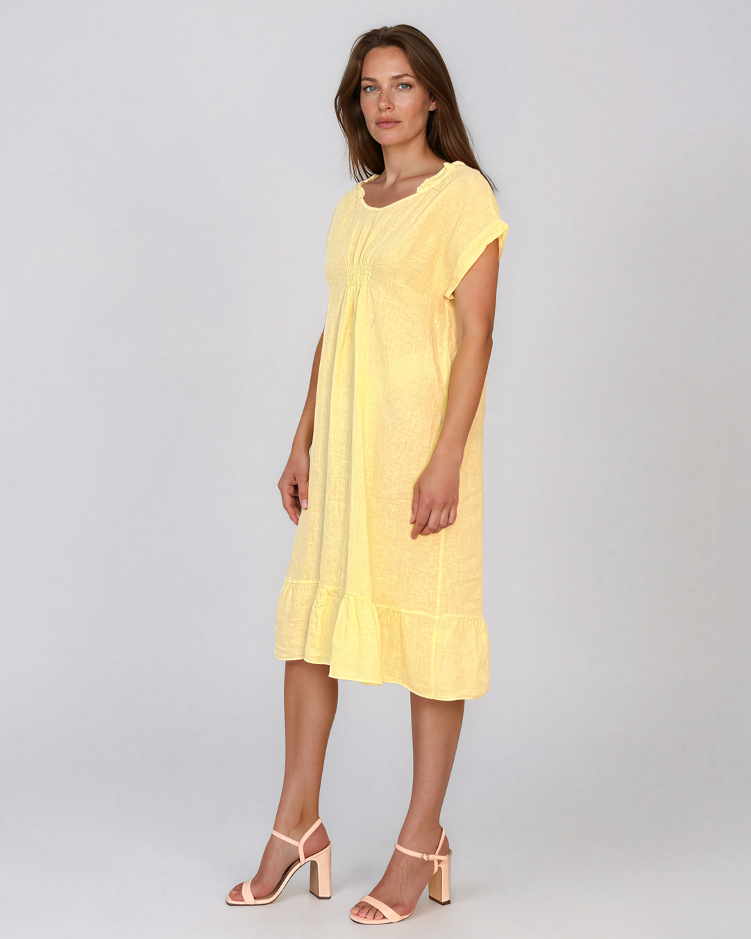 Rochie din in cu pliu și elastic galben PR985