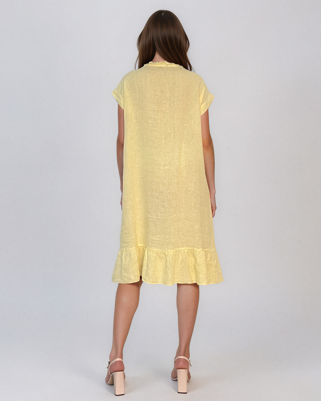 Rochie din in cu pliu și elastic galben PR985