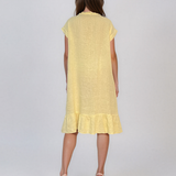 Rochie din in cu pliu și elastic galben PR985